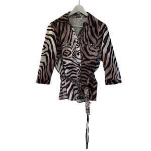 Animal Print Button Up Shirt Women Size 14 Brown and Cream Belted Safari Zebra